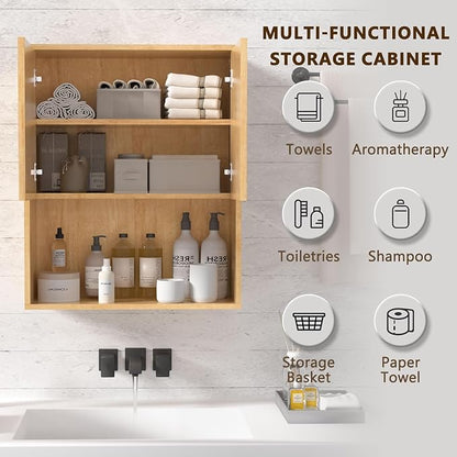 Fluted Bathroom Wall Cabinet Over The Toilet Storage,Wall Mounted Cabinet with Adjustable Shelf,Floating Cabinet Organizer Hanging Cabinet,Kitchen and Laundry Room Cabinets (Oak, 1 PC)