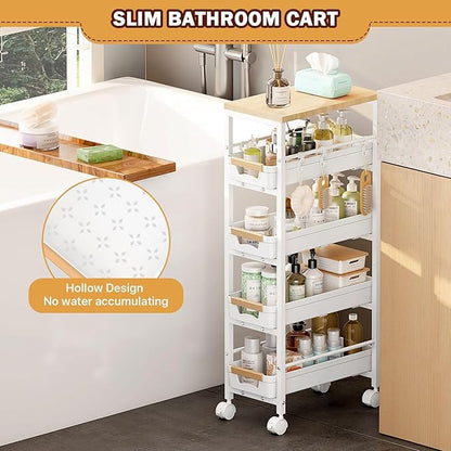 SUNALLY Slim Storage Cart with Pull-Out Baskets, 5-Tier Rolling Kitchen Cart with Wooden Top & Lockable Wheels, Narrow Space Utility Cart Organizer for Kitchen, Bathroom, Laundry Room, White