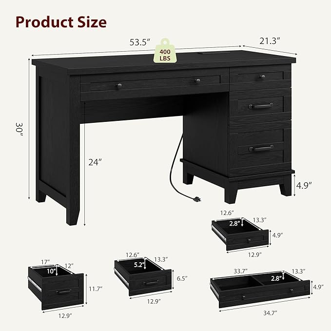 53.5" Farmhouse Home Office Desk with File Cabinet, Wooden Executive Desk with Power Outlet, Work Desk with Drawers, Traditional Wood Desk for Home and Office, Black