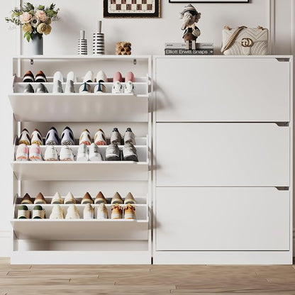 Xixini Shoe Storage Cabinet for Entryway with 3 Flip Drawers, Sturdy Wood Hidden Shoe Storage, Freestanding Narrow Slim Shoe Organizer for Front Door Entrance, Living Room, Hallway, Bedroom, White