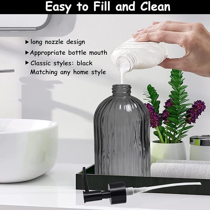 Gray Glass Soap Dispenser Set with Black Pump, 13.5oz Refillable Liquid Hand Soap Dispenser, Lotion Dish Soap Dispenser for Modern Home Decor, Bathroom, Kitchen Countertop, Hotel(2 Pack)