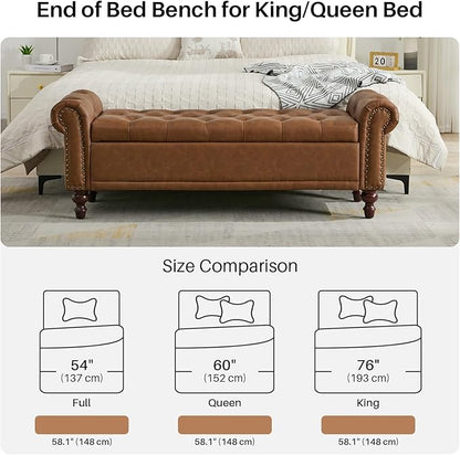 58.1" Storage Bench Upholstered PU Leather End of Bedroom Bed Bench Ottoman with Tufted Cushioned Rolled Arm Large Storage Space for Reading Living Room Entryway, Brown