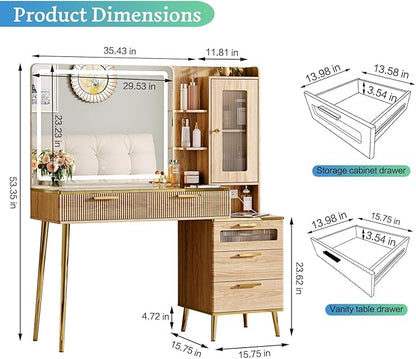 Vanity Desk with 29.53" HD Lighted Mirror, 47.24" Big Modern Vanity Desk with Mirror and Lights, Makeup Vanity with 5 Drawers and Storage Shelves and Charging Station, Oak2