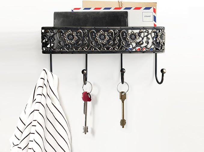 Key Holder for Wall，Vintage Metal Key and Mail Holder Wall Mount, Decorative Entryway Key Rack with Hooks for Keys, Mail, Hats, Bags