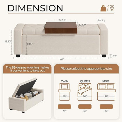 Storage Ottoman Bench with Tray,47" Ottoman with Storage for Living Room, Rectangular Bench with Cushion and Safety Hinge for Bedroom,Holds up to 400 lb,Beige
