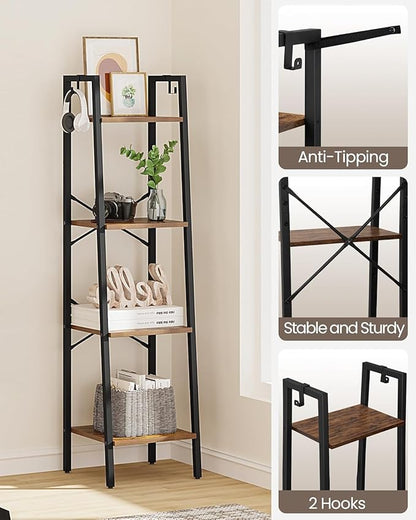 Ladder Shelf, Bookshelf Bookcase, Freestanding Corner Storage Shelve with 2 Hooks for Home Office, Living Room, Kitchen, Bedroom, Industrial, 11.8"D x 13.4"W x 47.2"H, Rustic Brown BC13201B