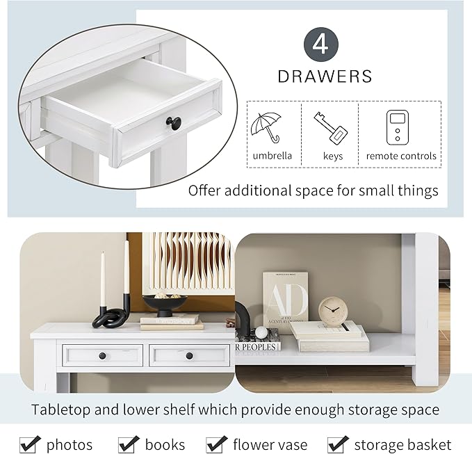 LKTART White Console Table,Solid Wood Sofa Table with 4 Drawers Hallway Table for Storage Entry Foyer Behind Couch Table,Easy Assembled (63" White)