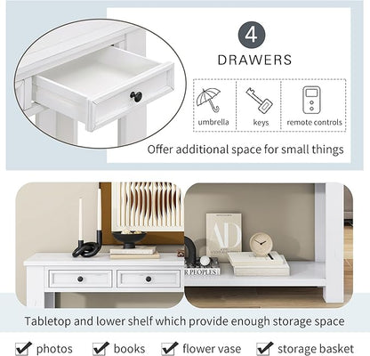 LKTART White Console Table,Solid Wood Sofa Table with 4 Drawers Hallway Table for Storage Entry Foyer Behind Couch Table,Easy Assembled (63" White)