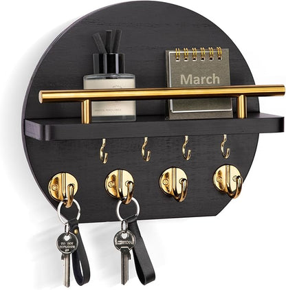 Nekon Key Holder for Wall - 9.8 Inch Apartment Wall Decor with Shelf and 8 Key Hooks, Circular Wood Key Hanger for Home Decor (Black with Golden Hooks)