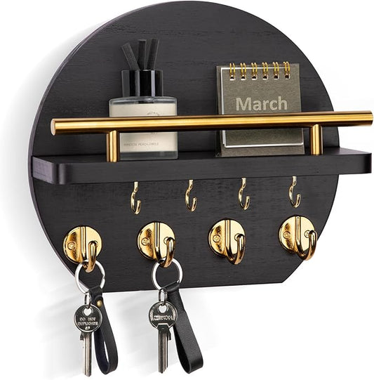 Nekon Key Holder for Wall - 9.8 Inch Apartment Wall Decor with Shelf and 8 Key Hooks, Circular Wood Key Hanger for Home Decor (Black with Golden Hooks)