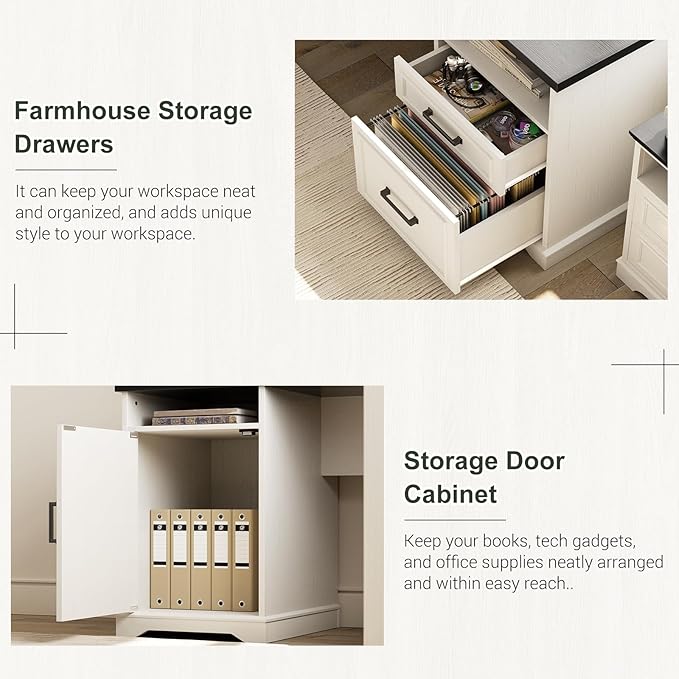 Unikito Farmhouse L Shaped Executive Desk with File Drawers, 60" Corner Computer Desk with Power Outlets, Large 2 Person Home Office Table with Storage Cabinet, Sturdy Writing Desks, White and Black
