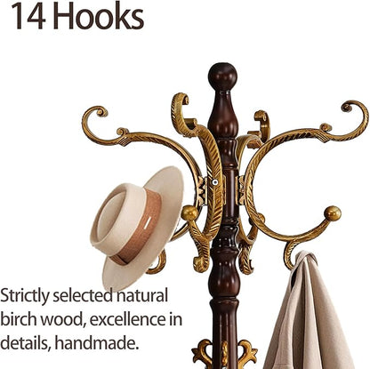 Coat Rack Freestanding, Wooden Coat Tree with Stable Round Base, Vintage Heavy Duty Coat Rack Stand with 14 Hooks, Coat Hanger Stand for Bedroom, Office, Entryway (Vintage)