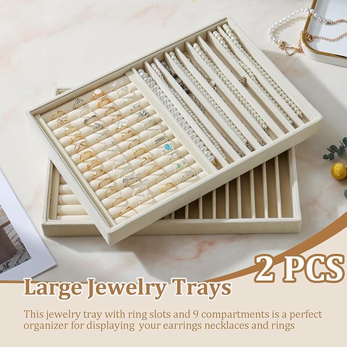 Large Velvet Jewelry Tray 2 Pack Stackable Jewelry Display Drawer Inserts Trays Organizer for Earring Bracelet Necklace Ring (Beige, Ring and 9 Grids)