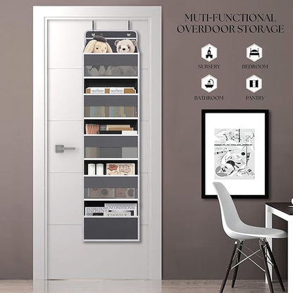 Over Door Organizer with 5 Large Pockets, Heavy Duty Hanging Organizer Storage, Closet Bathroom Nursery Bedroom Dorm, Toys Cosmetics Sundries and Baby Essentials, Gray