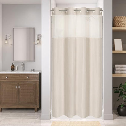 Stall No Hooks Needed Linen Textured Shower Curtain with Snap-in Fabric Liner Set,Hotel Luxury Decor Shower Curtains for Bathroom,Waterproof & Washable,60Wx74H,Cream