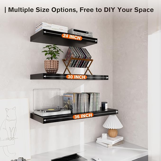 JPND Floating Shelf, Set of 2 Wall Shelf, 24 in W x 12.75 in D x 2 in H Wooden Floating Wall Shelf with Invisible Brackets for Living Room/Bedroom/Bathroom/Kitchen Storage and Decor, Black