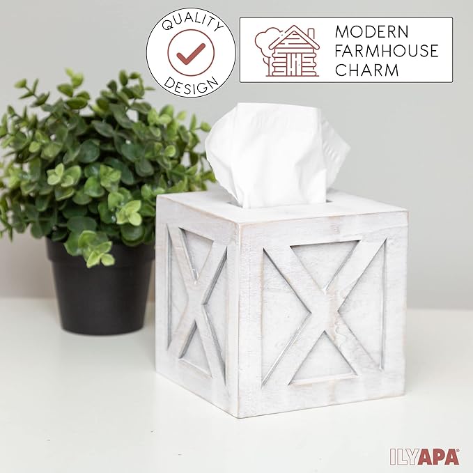 Ilyapa Wood Tissue Box Cover Farmhouse X Patterned- Rustic Farmhouse White Wood Tissue Holder