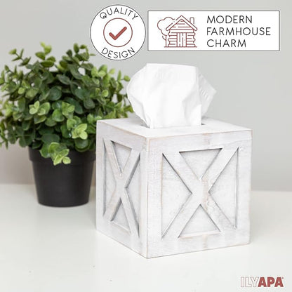 Ilyapa Wood Tissue Box Cover Farmhouse X Patterned- Rustic Farmhouse White Wood Tissue Holder