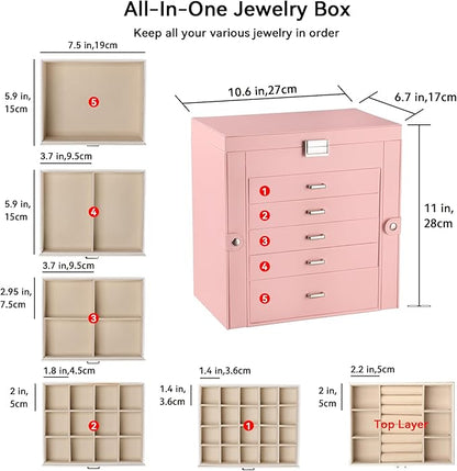 Frebeauty Large Jewelry Box,6-Tier PU Leather Jewelry Organizer,Multi-functional Storage Case with Mirror,Accessories Holder with 5 Drawers for Necklace Bracelets Watches(Pink)
