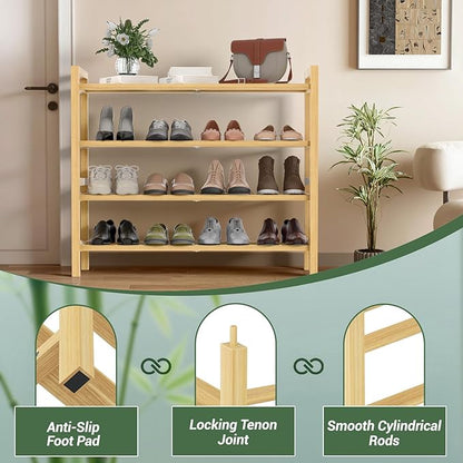 Haddockway Bamboo Shoe Rack for Closet, Free Standing Shoe Organizer with Smooth Round Rods & Convenient Handles, Stackable Shoe Storage Shelf for Entryway, Hallway(Natural, 4-Tier)