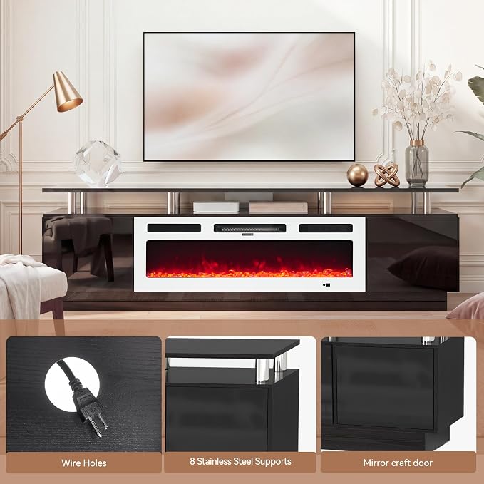 90" TV Stand for Living Room, Large Entertainment Center & Media Console, Fits TVs up to 100", Storage Cabinet with Shelves, 50" Electric Fireplace, Black & White