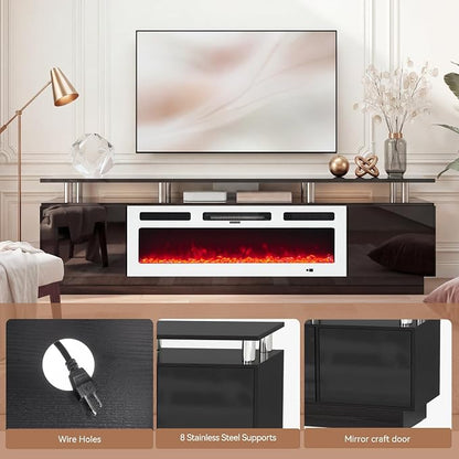 90" TV Stand for Living Room, Large Entertainment Center & Media Console, Fits TVs up to 100", Storage Cabinet with Shelves, 50" Electric Fireplace, Black & White
