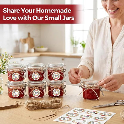Mini Jam Jars, 4oz Small Glass Jars with Airtight Lids (Set of 6), Leakproof Mason Jars with Gift Labels & Hemp Rope, Straight-Sided for Homemade Preserves, Honey, DIY Crafting, Wedding Favors