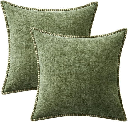 MIULEE Pack of 2 Couch Throw Pillow Covers 18x18 Inch Sage Green Farmhouse Decorative Pillow Covers with Stitched Edge Soft Chenille Solid Dyed Summer Pillow Covers for Sofa Bed Living Room