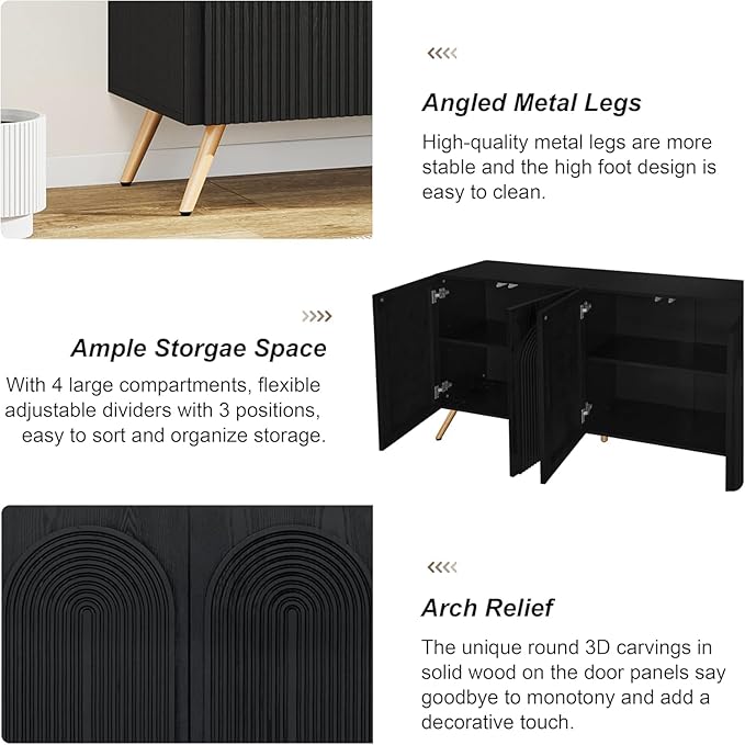 59" Accent Cabinet with 4 Door, Modern Decorative Storage Cabinet with 3D Carved Doors, Sideboard Buffet Cabinets with Adjustable Shelves, Credenza for Living Room,Entryway,Dining Room, Black