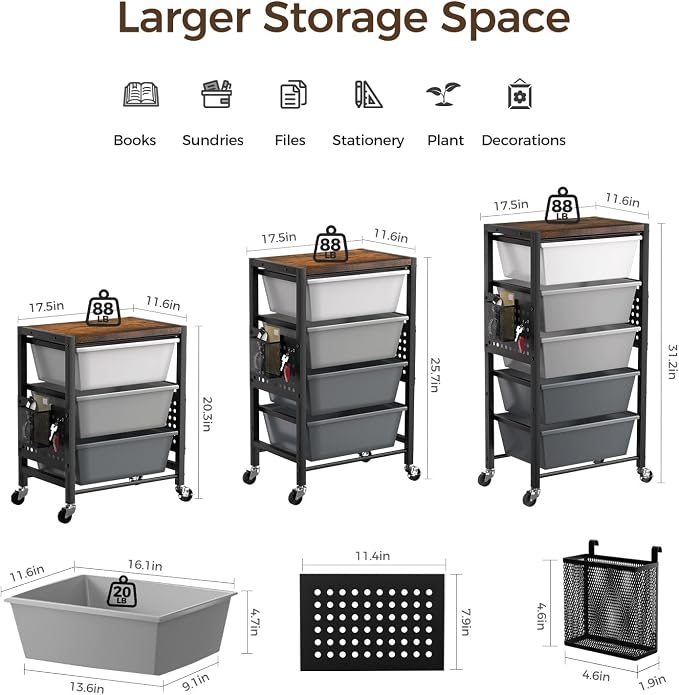 Rolling Cart with 5 Drawers, Plastic Drawer Storage Carts with Wheels & Wooden Tabletop, Metal Utility Cart with Pegboards, Office Living Room Classroom Craft Organization and Storage, Dark Grey