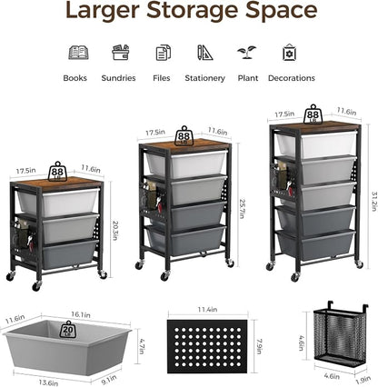 Rolling Cart with 3 Drawers, Plastic Drawer Storage Carts with Lockable Wheels & Wooden Tabletop, Metal Utility Cart Organizer, Office Bedroom Classroom Craft Organization and Storage, Dark Grey