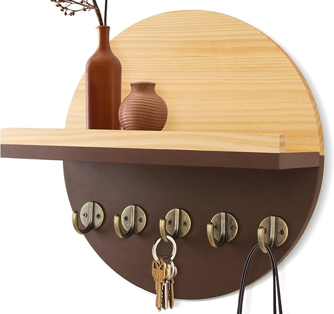 Key Holder for Wall with Shelf - Wood Mail Organizer and Rack with Shelf Hooks Wall Mounted for Entryway Decor Magazines Letter Storage Farmhouse Living Room Bedroom Doorway Brown