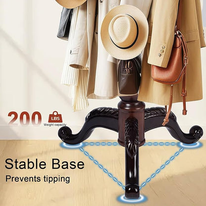 Wooden Coat rack freestanding, Coat racks stand with 11 Hook, Heavy duty coat tree standing 2 Adjustable Heights for Bedroom, Entryway, Hallway, Office,Stury Base (Brown triangle)