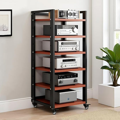 6 Tier AV Media Stand, 47in Audio Rack Tower Stereo Components Cabinet, Home Theatre CD Record Player Stereo Receiver Equipment Rack with Adjustable Wood Shelves, Load 400lbs (Teak Brown)