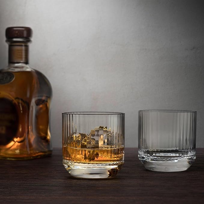 NUDE Whiskey Glasses Set of 4 SOF – 9.25 oz Lead-Free Crystal Old Fashioned Rocks Glasses for Whisky, Scotch & Bourbon – Etched Linear Pattern, Dishwasher Safe Barware