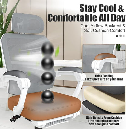 Ergonomic Office Chair with Footrest, High Back Swivel Mesh Desk Chair, Big and Tall Rolling Computer Chair with Headrest, Lumbar Support, 3-Level Tilt Backrest for Home, Bedroom, Work