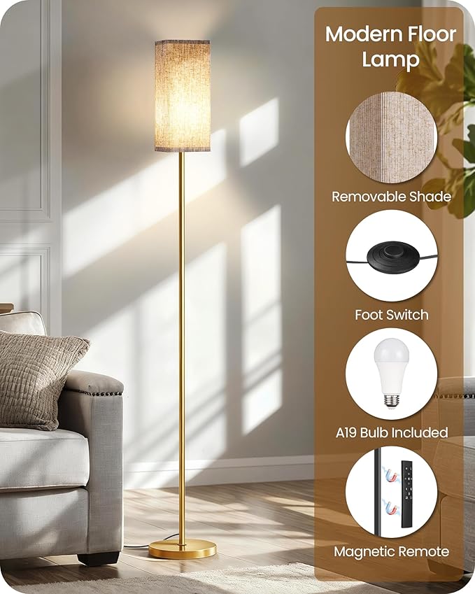 2Pack 64.2” Dimmable Floor Lamp for Living Room with Remote & Foot Switch, Corner Floor Lamp for Bedroom, Includes A19 Bulb, Modern Standing Tall Lamp, ETL Listed Beige and Gold DE17LDP205
