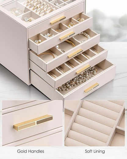 Vlando 5 Layer Jewelry Box for Women, Glass Lid Jewelry Organizer with 5 Drawers for Necklaces Rings Earrings Bracelets - Light Pink