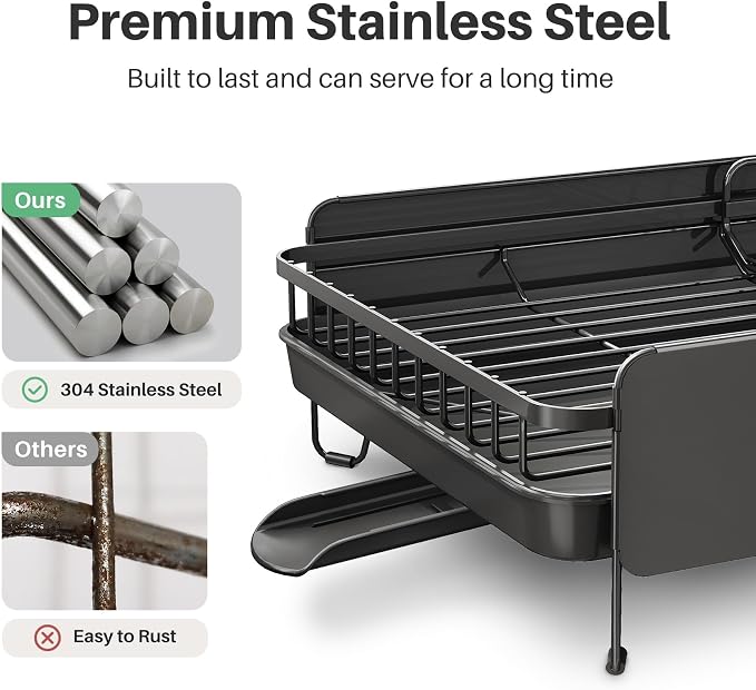 SNTD Large Dish Drying Rack - Expandable (19.3" to 29.4") Dish Rack for Kitchen Counter, Stainless Steel Dish Drainer with Utensil Holder, Pan Holder & Pot Lid Holder (Black)