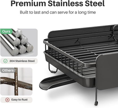 SNTD Large Dish Drying Rack - Expandable (19.3" to 29.4") Dish Rack for Kitchen Counter, Stainless Steel Dish Drainer with Utensil Holder, Pan Holder & Pot Lid Holder (Black)