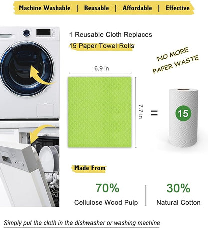 MoLKENE Swedish Dishcloths for Kitchen | 6 Pack Absorbent Cellulose Sponge Cloths Washable | Non-Scratch Reusable Paper Towels Quick Drying Cleaning Cloths - Lime Green