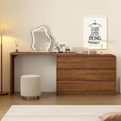 Makeup Vanity Desk with Mirror and Lights, 50-90inch Extendable Mid Century Walnut Makeup Dresser Combo with 47 Inch 6 Drawer Dresser, L Shaped Vanity Desk and Stool, Brown