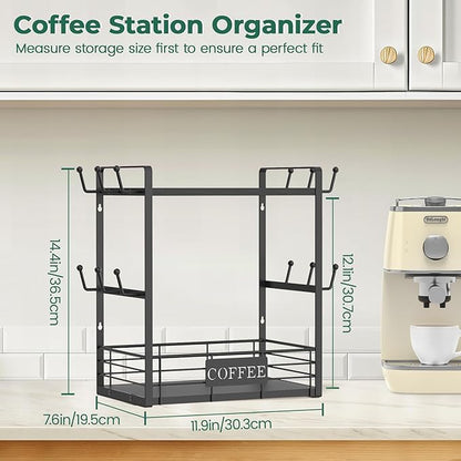 EsLuker.ly Coffee Mug Cup Holder Tree Bar Station Organizer, 2 Tier Mug Stand Rack for Countertop Kitchen, Storage Tower Display Shelf with 12 Hooks, Coffee Nook Enhancer, Black