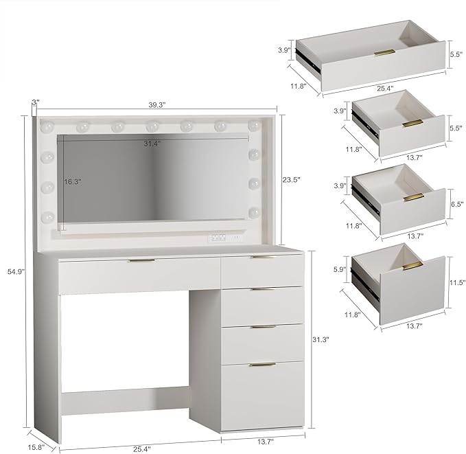 Makeup Vanity Desk with Lights & Large Mirror, 39.3in Vanity Desk with Mirror and Lights, 3 Lighting Color Adjustable, 5 Drawers, for Bedroom