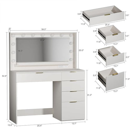 Makeup Vanity Desk with Lights & Large Mirror, 39.3in Vanity Desk with Mirror and Lights, 3 Lighting Color Adjustable, 5 Drawers, for Bedroom