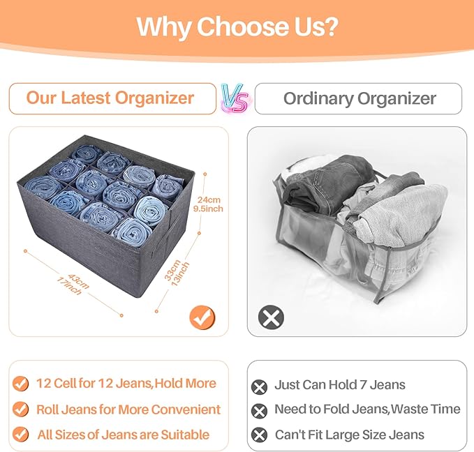 EASEVE Closet Organizers and Storage Bins for Clothes - 12 Cell Drawers Organizer Grid Storage Box for Jeans Pants Sweater Towel T-shirts, Wardrobe Shelf Dividers Closets Organization (1 Pcs)