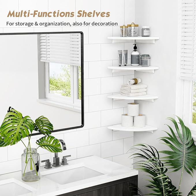 Forbena White Corner Floating Shelves for Wall Set of 4, Rounded Corner Shelves Wall Mounted for Kids Bedroom Books, Cute Wood Hanging Corner Shelf for Bathroom Decor, Living Room, Small Spaces
