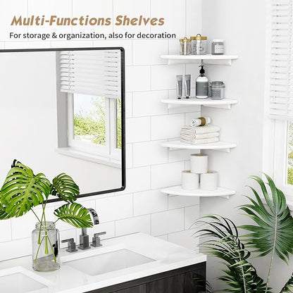 Forbena White Corner Floating Shelves for Wall Set of 4, Rounded Corner Shelves Wall Mounted for Kids Bedroom Books, Cute Wood Hanging Corner Shelf for Bathroom Decor, Living Room, Small Spaces