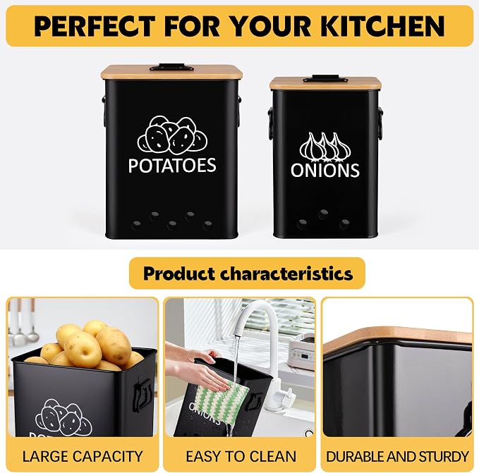 Potato and Onion Storage Bin, Set of 2 Vegetable Storage Tins with Wooden Lids & Side Handles, Dual-row Ventilation Holes, Farmhouse Metal Kitchen Canisters Sets, Black