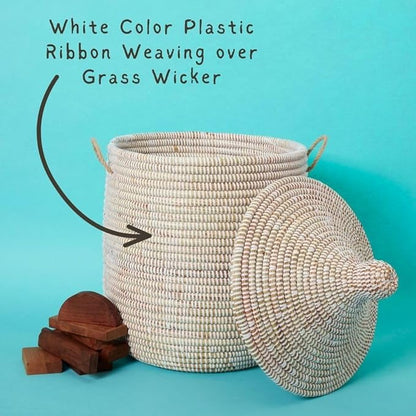 Wicker Basket, Storage & Organization, Home Decor, Laundry Hamper Bedroom, Baby Nursery Toys Bin, Blankets Storage Living Room, Bathroom Towels Holder, Woven, Round, Lid, Handles, White, Medium